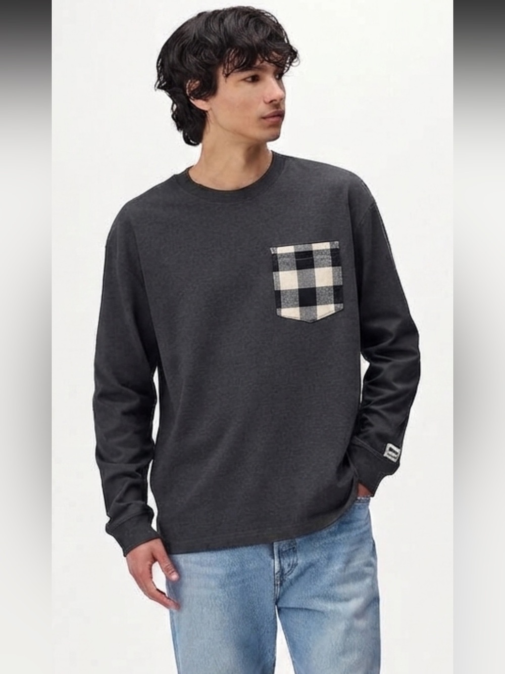 Roots Charcoal Long-Sleeve Crewneck Shirt with Check Pocket
